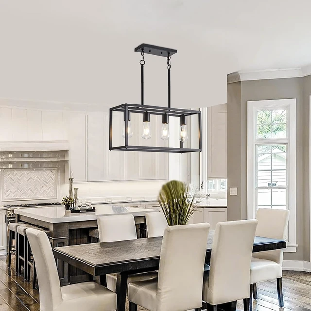 Alt view image 3 of 7 - Lanhall Dining Room Light Fixture 4 Light Black Farmhouse Chandelier Modern Kitchen Island Pendant Lighting Rectangular Hanging Lights for Kitchen Dining Room Adjustable Height Metal E26 Base
