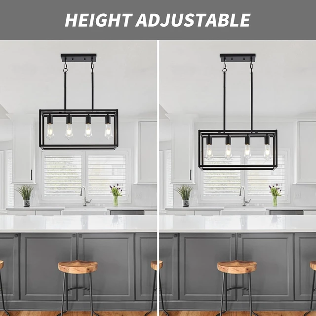 Alt view image 6 of 7 - Lanhall Dining Room Light Fixture 4 Light Black Farmhouse Chandelier Modern Kitchen Island Pendant Lighting Rectangular Hanging Lights for Kitchen Dining Room Adjustable Height Metal E26 Base