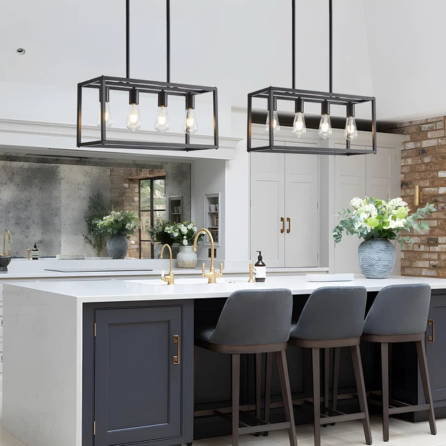 Alt view image 7 of 7 - Lanhall Dining Room Light Fixture 4 Light Black Farmhouse Chandelier Modern Kitchen Island Pendant Lighting Rectangular Hanging Lights for Kitchen Dining Room Adjustable Height Metal E26 Base