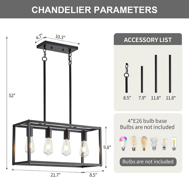 Alt view image 5 of 7 - Lanhall Dining Room Light Fixture 4 Light Black Farmhouse Chandelier Modern Kitchen Island Pendant Lighting Rectangular Hanging Lights for Kitchen Dining Room Adjustable Height Metal E26 Base