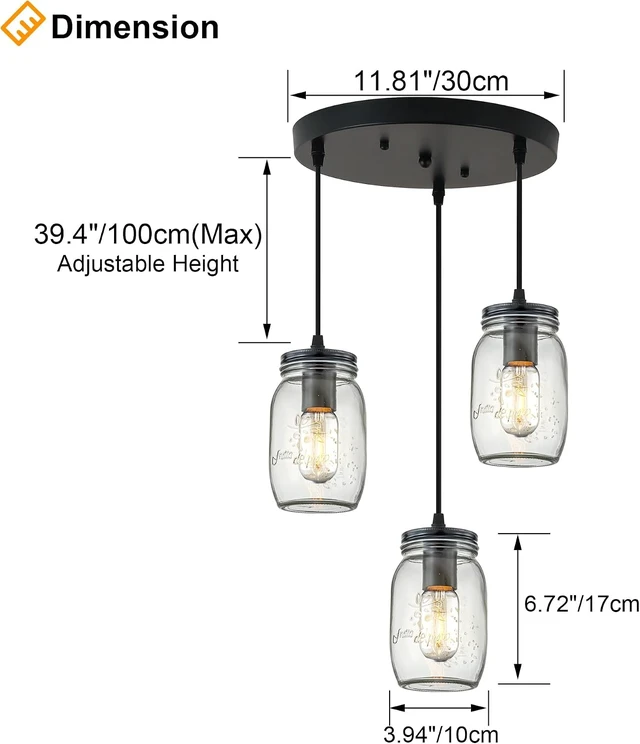 Alt view image 3 of 7 - Kitchen Island Light, Adjustable Pendant Lighting,Glass Mason Jar Hanging Lamp (3-Light)