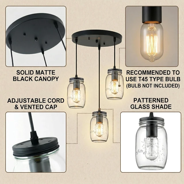 Alt view image 5 of 7 - Kitchen Island Light, Adjustable Pendant Lighting,Glass Mason Jar Hanging Lamp (3-Light)