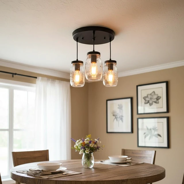 Alt view image 7 of 7 - Kitchen Island Light, Adjustable Pendant Lighting,Glass Mason Jar Hanging Lamp (3-Light)