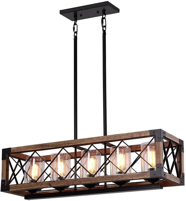 Alt view image 2 of 5 - Giluta Rectangle Wood Metal Pendant Light Kitchen Island Chandelier Black Finish Rustic Industrial Chandelier Vintage Ceiling Light Fixture 5 Lights with Glass Shade (17810)
