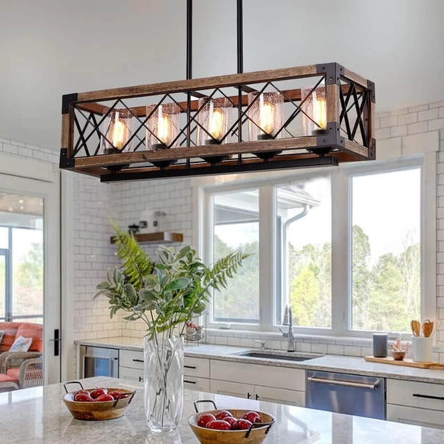 Alt view image 3 of 5 - Giluta Rectangle Wood Metal Pendant Light Kitchen Island Chandelier Black Finish Rustic Industrial Chandelier Vintage Ceiling Light Fixture 5 Lights with Glass Shade (17810)