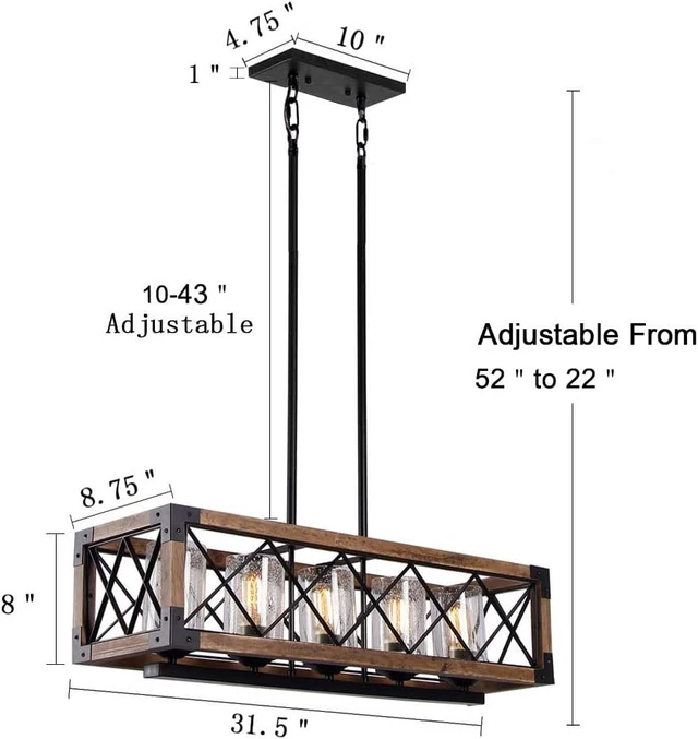 Alt view image 4 of 5 - Giluta Rectangle Wood Metal Pendant Light Kitchen Island Chandelier Black Finish Rustic Industrial Chandelier Vintage Ceiling Light Fixture 5 Lights with Glass Shade (17810)