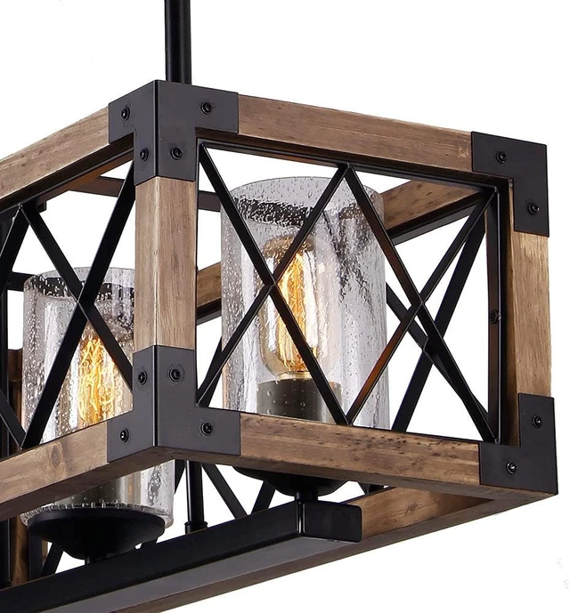 Alt view image 5 of 5 - Giluta Rectangle Wood Metal Pendant Light Kitchen Island Chandelier Black Finish Rustic Industrial Chandelier Vintage Ceiling Light Fixture 5 Lights with Glass Shade (17810)