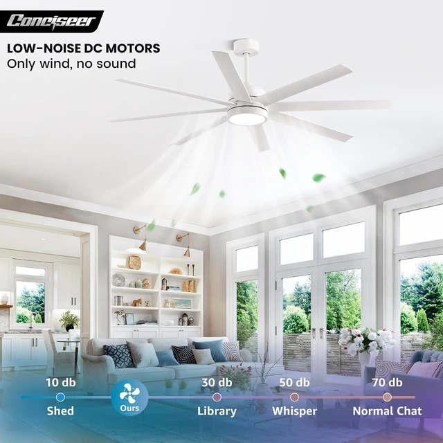 Alt view image 2 of 7 - Conciseer 65 Inch Ceiling Fan with Light and Remote Control for Bedroom Living Room Kitchen Home Office, Indoor/Outdoor Use, 6CCT Dimmable, 8 Blades 6 Speed Reversible Quiet DC Motor, White