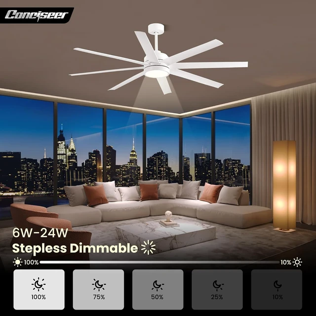 Alt view image 4 of 7 - Conciseer 65 Inch Ceiling Fan with Light and Remote Control for Bedroom Living Room Kitchen Home Office, Indoor/Outdoor Use, 6CCT Dimmable, 8 Blades 6 Speed Reversible Quiet DC Motor, White