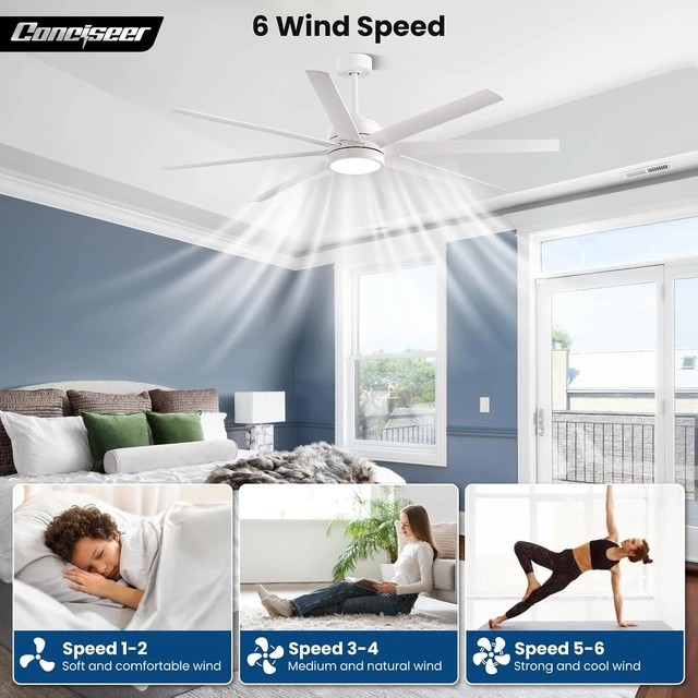 Alt view image 5 of 7 - Conciseer 65 Inch Ceiling Fan with Light and Remote Control for Bedroom Living Room Kitchen Home Office, Indoor/Outdoor Use, 6CCT Dimmable, 8 Blades 6 Speed Reversible Quiet DC Motor, White