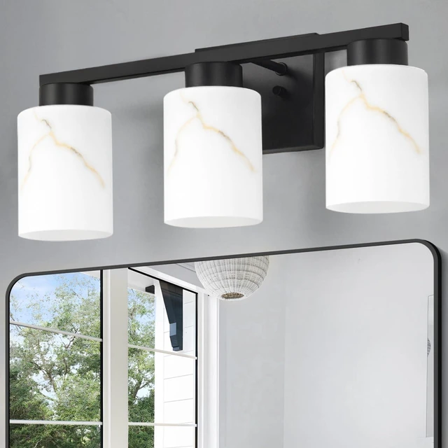Main image of 3-Light Bathroom Light Fixtures, Modern Vanity Lights, Black Metal Wall Lamp with Handcrafted Art Glass for Bathroom, Mirror, Living Room, Bedroom, Cabinet, Porch, Hallway, E26 Base