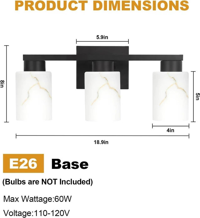 Alt view image 2 of 7 - 3-Light Bathroom Light Fixtures, Modern Vanity Lights, Black Metal Wall Lamp with Handcrafted Art Glass for Bathroom, Mirror, Living Room, Bedroom, Cabinet, Porch, Hallway, E26 Base
