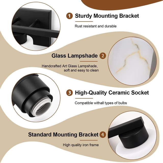 Alt view image 3 of 7 - 3-Light Bathroom Light Fixtures, Modern Vanity Lights, Black Metal Wall Lamp with Handcrafted Art Glass for Bathroom, Mirror, Living Room, Bedroom, Cabinet, Porch, Hallway, E26 Base