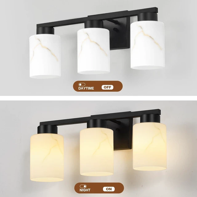 Alt view image 4 of 7 - 3-Light Bathroom Light Fixtures, Modern Vanity Lights, Black Metal Wall Lamp with Handcrafted Art Glass for Bathroom, Mirror, Living Room, Bedroom, Cabinet, Porch, Hallway, E26 Base