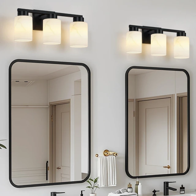 Alt view image 7 of 7 - 3-Light Bathroom Light Fixtures, Modern Vanity Lights, Black Metal Wall Lamp with Handcrafted Art Glass for Bathroom, Mirror, Living Room, Bedroom, Cabinet, Porch, Hallway, E26 Base