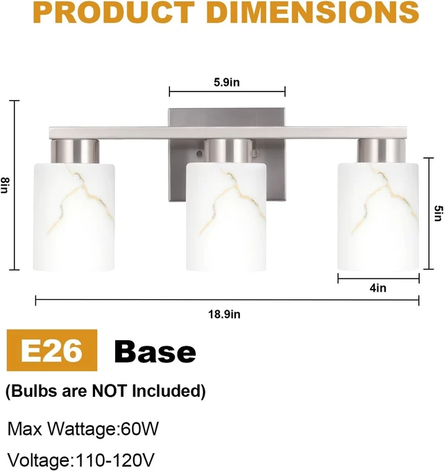 Alt view image 2 of 7 - 3-Light Bathroom Light Fixtures, Modern Vanity Lights, Brushed Nickel Metal Wall Lamp with White Marble Glass for Bathroom, Mirror, Living Room, Bedroom, Cabinet, Porch, Hallway, E26 Base