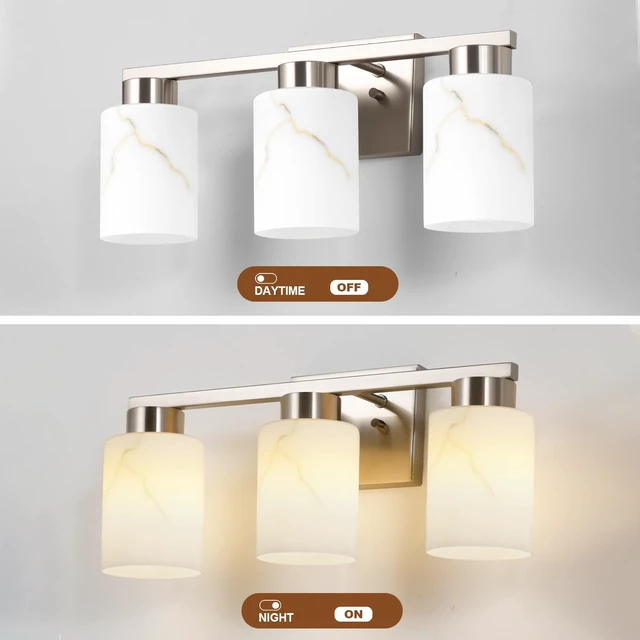 Alt view image 4 of 7 - 3-Light Bathroom Light Fixtures, Modern Vanity Lights, Brushed Nickel Metal Wall Lamp with White Marble Glass for Bathroom, Mirror, Living Room, Bedroom, Cabinet, Porch, Hallway, E26 Base