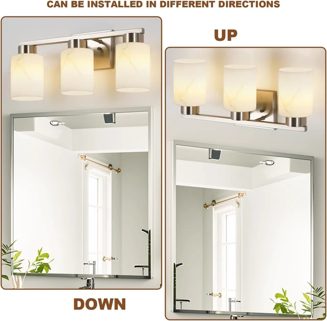 Alt view image 5 of 7 - 3-Light Bathroom Light Fixtures, Modern Vanity Lights, Brushed Nickel Metal Wall Lamp with White Marble Glass for Bathroom, Mirror, Living Room, Bedroom, Cabinet, Porch, Hallway, E26 Base