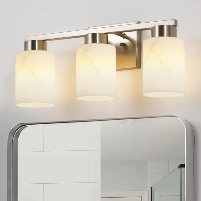 Alt view image 6 of 7 - 3-Light Bathroom Light Fixtures, Modern Vanity Lights, Brushed Nickel Metal Wall Lamp with White Marble Glass for Bathroom, Mirror, Living Room, Bedroom, Cabinet, Porch, Hallway, E26 Base