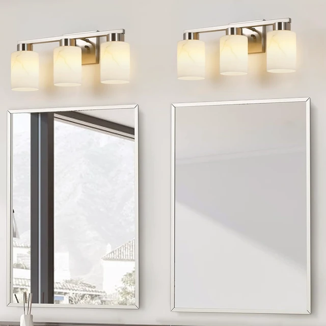 Alt view image 7 of 7 - 3-Light Bathroom Light Fixtures, Modern Vanity Lights, Brushed Nickel Metal Wall Lamp with White Marble Glass for Bathroom, Mirror, Living Room, Bedroom, Cabinet, Porch, Hallway, E26 Base
