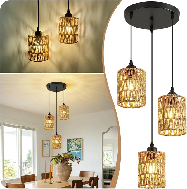 Main image of SKEJAO 3-Light Rattan Pendant Lighting,3 Pendant Light Fixture for Kitchen Island,Dining Lamp Ceiling Hanging,with Adjustable Cord and Rattan Shade for Farmhouse Living Dining Room Bar,Black