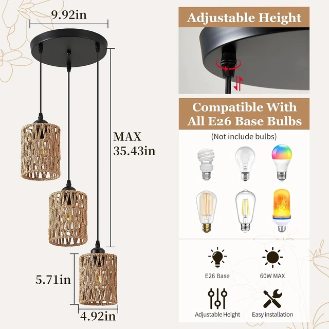 Alt view image 2 of 7 - SKEJAO 3-Light Rattan Pendant Lighting,3 Pendant Light Fixture for Kitchen Island,Dining Lamp Ceiling Hanging,with Adjustable Cord and Rattan Shade for Farmhouse Living Dining Room Bar,Black