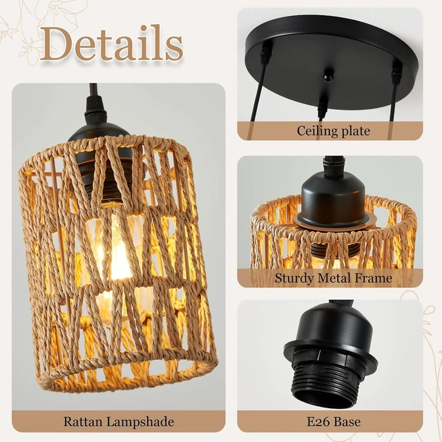 Alt view image 3 of 7 - SKEJAO 3-Light Rattan Pendant Lighting,3 Pendant Light Fixture for Kitchen Island,Dining Lamp Ceiling Hanging,with Adjustable Cord and Rattan Shade for Farmhouse Living Dining Room Bar,Black