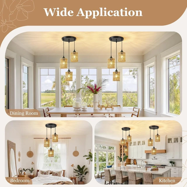 Alt view image 4 of 7 - SKEJAO 3-Light Rattan Pendant Lighting,3 Pendant Light Fixture for Kitchen Island,Dining Lamp Ceiling Hanging,with Adjustable Cord and Rattan Shade for Farmhouse Living Dining Room Bar,Black