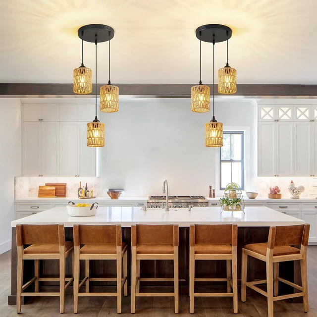 Alt view image 5 of 7 - SKEJAO 3-Light Rattan Pendant Lighting,3 Pendant Light Fixture for Kitchen Island,Dining Lamp Ceiling Hanging,with Adjustable Cord and Rattan Shade for Farmhouse Living Dining Room Bar,Black