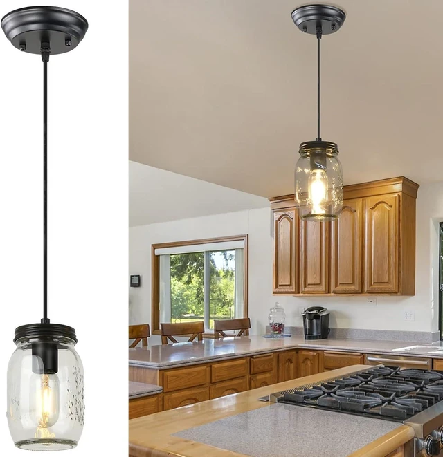 Main image of Glass Mason Jar Light Fixtures, 1-Light Kitchen Island Lighting, Farmhouse Pendant Lights Kitchen Island, Adjustable Black Hanging Lights for Kitchen Over Sink Dining Room
