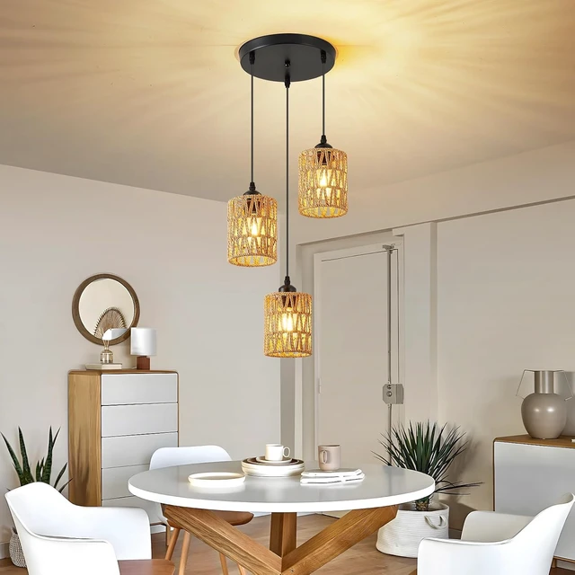 Alt view image 7 of 7 - SKEJAO 3-Light Rattan Pendant Lighting,3 Pendant Light Fixture for Kitchen Island,Dining Lamp Ceiling Hanging,with Adjustable Cord and Rattan Shade for Farmhouse Living Dining Room Bar,Black