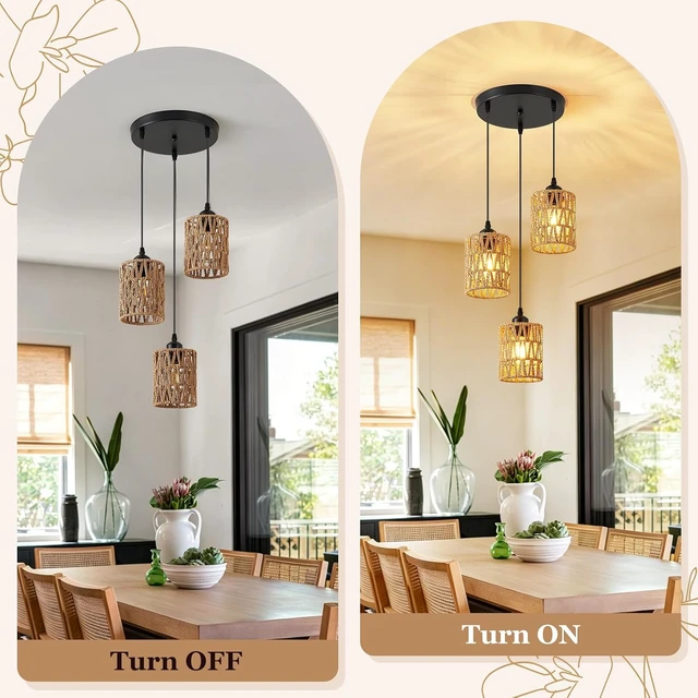 Alt view image 6 of 7 - SKEJAO 3-Light Rattan Pendant Lighting,3 Pendant Light Fixture for Kitchen Island,Dining Lamp Ceiling Hanging,with Adjustable Cord and Rattan Shade for Farmhouse Living Dining Room Bar,Black
