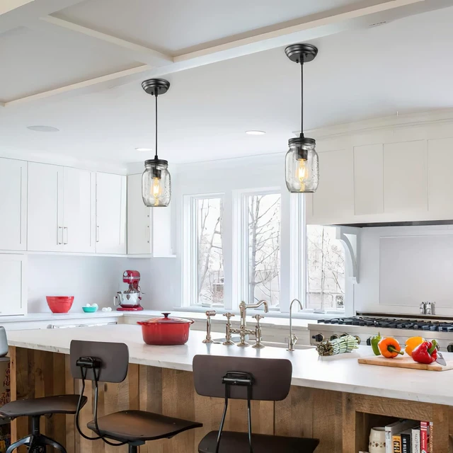 Alt view image 2 of 7 - Glass Mason Jar Light Fixtures, 1-Light Kitchen Island Lighting, Farmhouse Pendant Lights Kitchen Island, Adjustable Black Hanging Lights for Kitchen Over Sink Dining Room