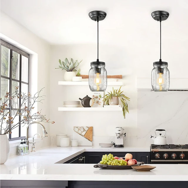 Alt view image 4 of 7 - Glass Mason Jar Light Fixtures, 1-Light Kitchen Island Lighting, Farmhouse Pendant Lights Kitchen Island, Adjustable Black Hanging Lights for Kitchen Over Sink Dining Room