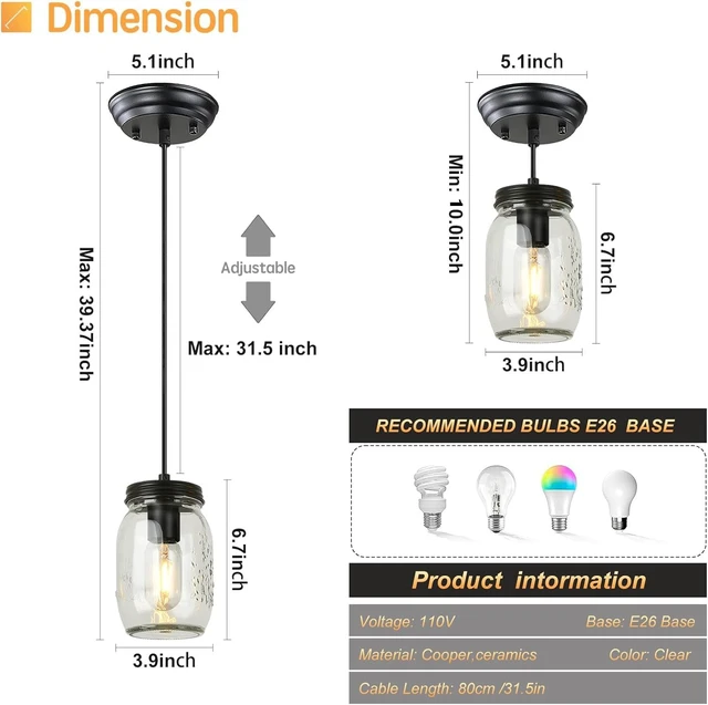 Alt view image 5 of 7 - Glass Mason Jar Light Fixtures, 1-Light Kitchen Island Lighting, Farmhouse Pendant Lights Kitchen Island, Adjustable Black Hanging Lights for Kitchen Over Sink Dining Room