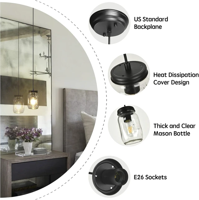 Alt view image 6 of 7 - Glass Mason Jar Light Fixtures, 1-Light Kitchen Island Lighting, Farmhouse Pendant Lights Kitchen Island, Adjustable Black Hanging Lights for Kitchen Over Sink Dining Room