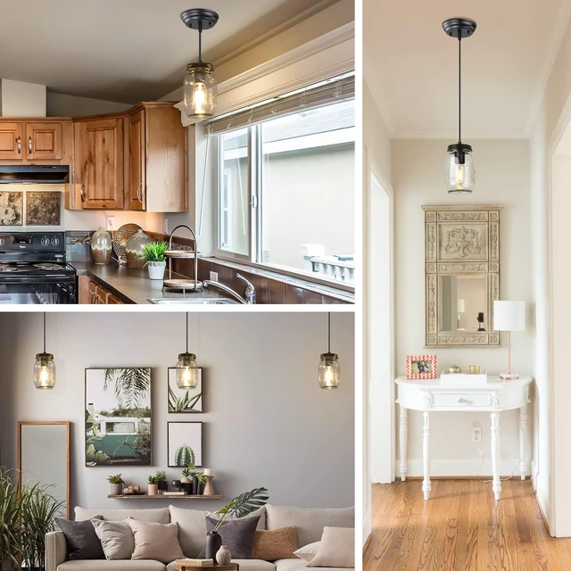 Alt view image 7 of 7 - Glass Mason Jar Light Fixtures, 1-Light Kitchen Island Lighting, Farmhouse Pendant Lights Kitchen Island, Adjustable Black Hanging Lights for Kitchen Over Sink Dining Room