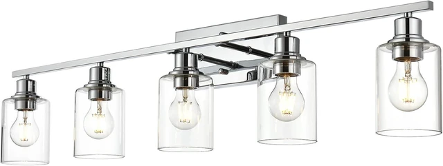 Main image of 5 Light Bathroom Lighting Fixture in Chrome Finish,Contemporary Indoor Wall Lights with Clear Cylinder Glass Shade Classic Vanity Light for Stair Entryway Hallway