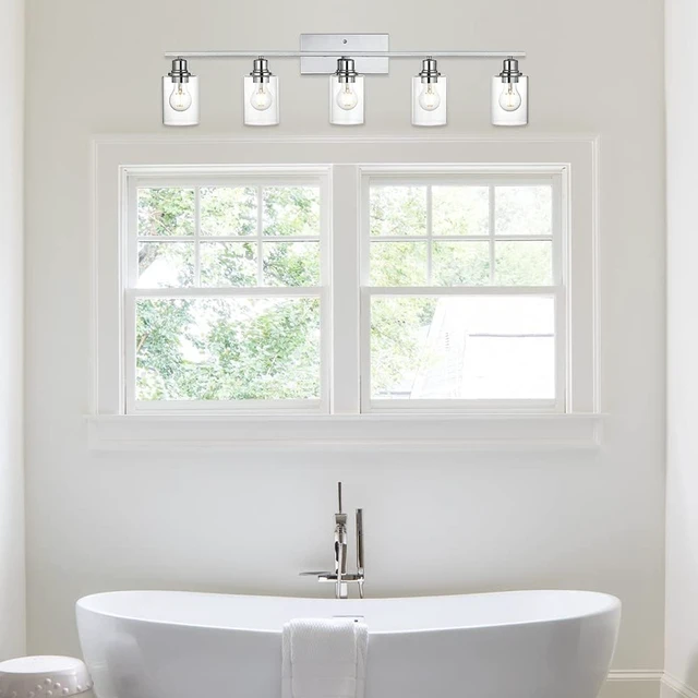 Alt view image 2 of 6 - 5 Light Bathroom Lighting Fixture in Chrome Finish,Contemporary Indoor Wall Lights with Clear Cylinder Glass Shade Classic Vanity Light for Stair Entryway Hallway