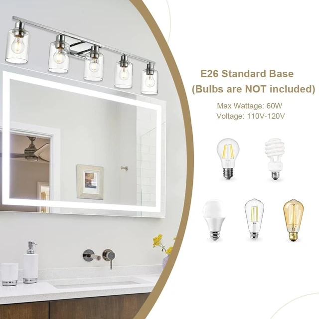 Alt view image 3 of 6 - 5 Light Bathroom Lighting Fixture in Chrome Finish,Contemporary Indoor Wall Lights with Clear Cylinder Glass Shade Classic Vanity Light for Stair Entryway Hallway