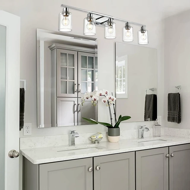Alt view image 5 of 6 - 5 Light Bathroom Lighting Fixture in Chrome Finish,Contemporary Indoor Wall Lights with Clear Cylinder Glass Shade Classic Vanity Light for Stair Entryway Hallway