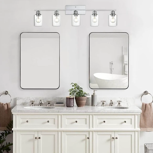 Alt view image 6 of 6 - 5 Light Bathroom Lighting Fixture in Chrome Finish,Contemporary Indoor Wall Lights with Clear Cylinder Glass Shade Classic Vanity Light for Stair Entryway Hallway