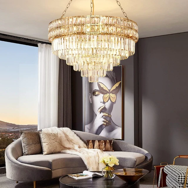 Alt view image 2 of 7 - Modern Crystal Chandelier Gold Finish Light Fixture, Round Crystal Pendant Light Hanging Lamp, for Living Room, Dining Room, Restaurant, E12 x 15, Ø29.5 inch