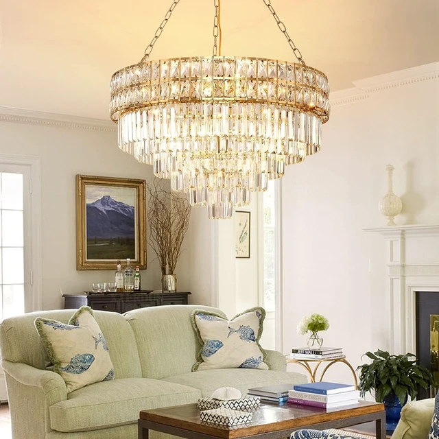 Alt view image 3 of 7 - Modern Crystal Chandelier Gold Finish Light Fixture, Round Crystal Pendant Light Hanging Lamp, for Living Room, Dining Room, Restaurant, E12 x 15, Ø29.5 inch