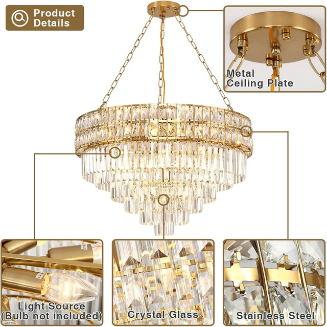 Alt view image 5 of 7 - Modern Crystal Chandelier Gold Finish Light Fixture, Round Crystal Pendant Light Hanging Lamp, for Living Room, Dining Room, Restaurant, E12 x 15, Ø29.5 inch
