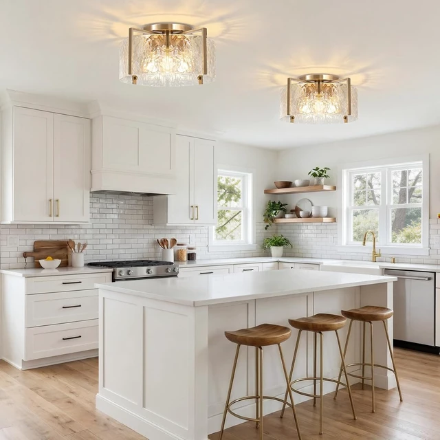 Alt view image 5 of 7 - 16'' Gold Semi Flush Mount Ceiling Light, 4-Light Glass Drum Light Fixtures