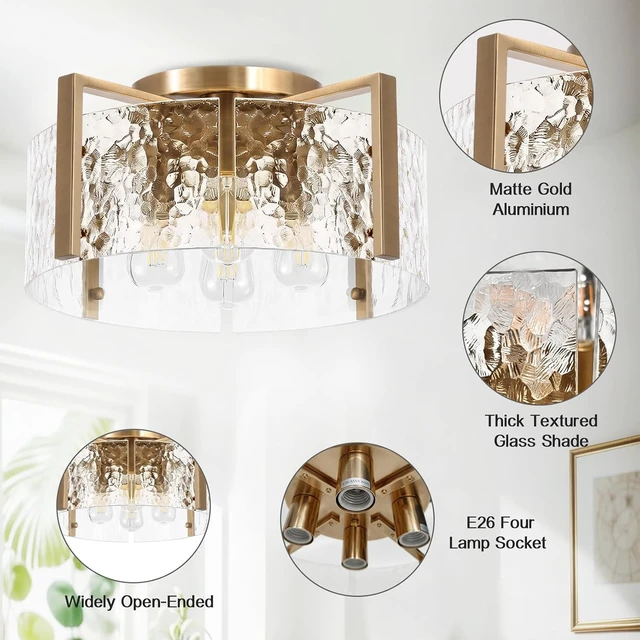 Alt view image 7 of 7 - 16'' Gold Semi Flush Mount Ceiling Light, 4-Light Glass Drum Light Fixtures