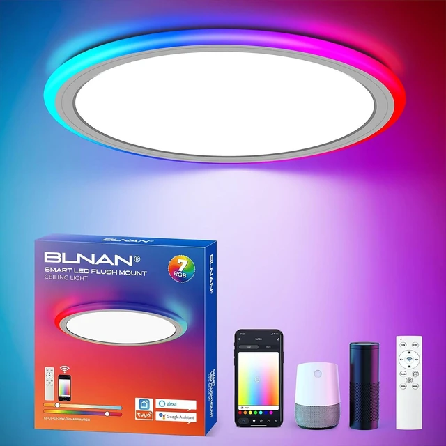 Main image of BLNAN Smart RGB LED Flush Mount Ceiling Light with Remote, 13 Inch 24W Dimmable Color Changing Low Profile Wired White Fixture, Works with Alexa Google Home App for Bedroom Living Kids Room Party