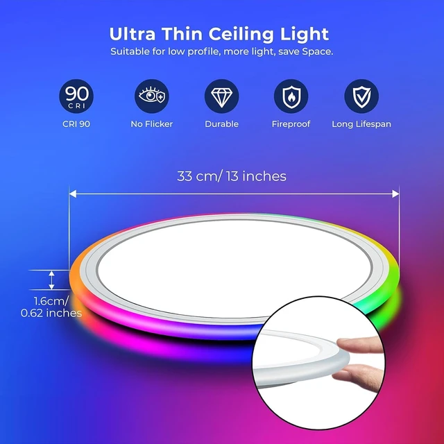 Alt view image 2 of 7 - BLNAN Smart RGB LED Flush Mount Ceiling Light with Remote, 13 Inch 24W Dimmable Color Changing Low Profile Wired White Fixture, Works with Alexa Google Home App for Bedroom Living Kids Room Party