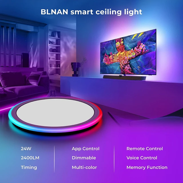 Alt view image 3 of 7 - BLNAN Smart RGB LED Flush Mount Ceiling Light with Remote, 13 Inch 24W Dimmable Color Changing Low Profile Wired White Fixture, Works with Alexa Google Home App for Bedroom Living Kids Room Party